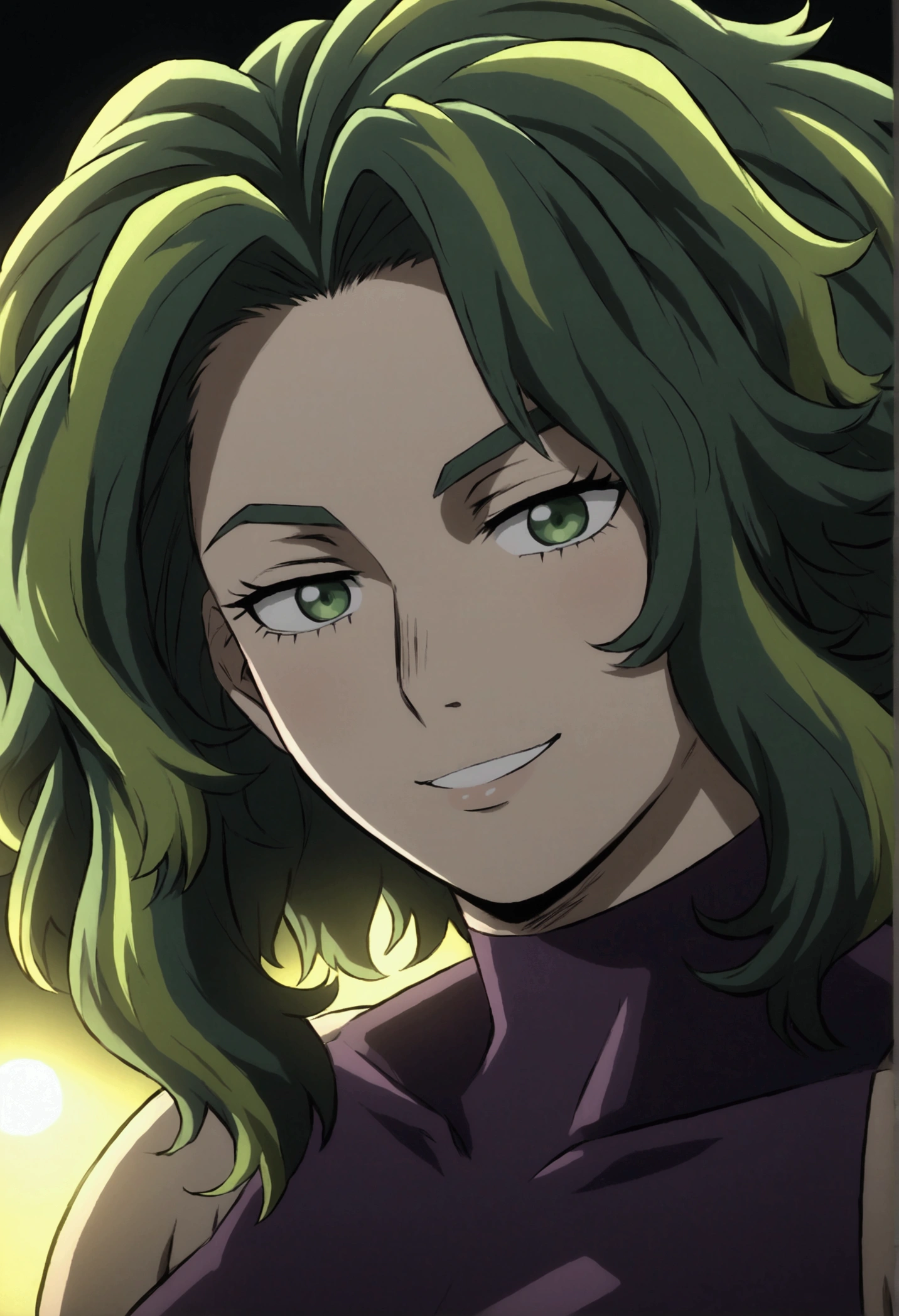 lady nagabt of mha, MHA anime style, woman with dark green hair, green hair with lime green parts, messy and unusual hair, short eyebrow, green neon suit hero, cabelo com dark and light strands, dark and light strands, olhar fofo,  soft lips, ssmile, dark and light strands, beautiful lighting. Lime eye, cute Smile , big hair