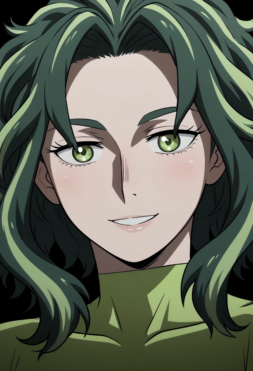 lady nagabt of mha, MHA anime style, woman with dark green hair, green hair with lime green parts, messy and unusual hair, short eyebrow, green neon suit hero, cabelo com dark and light strands, dark and light strands, olhar fofo, soft lips, ssmile, dark and light strands, beautiful lighting. Lime eye, cute Smile , big hair