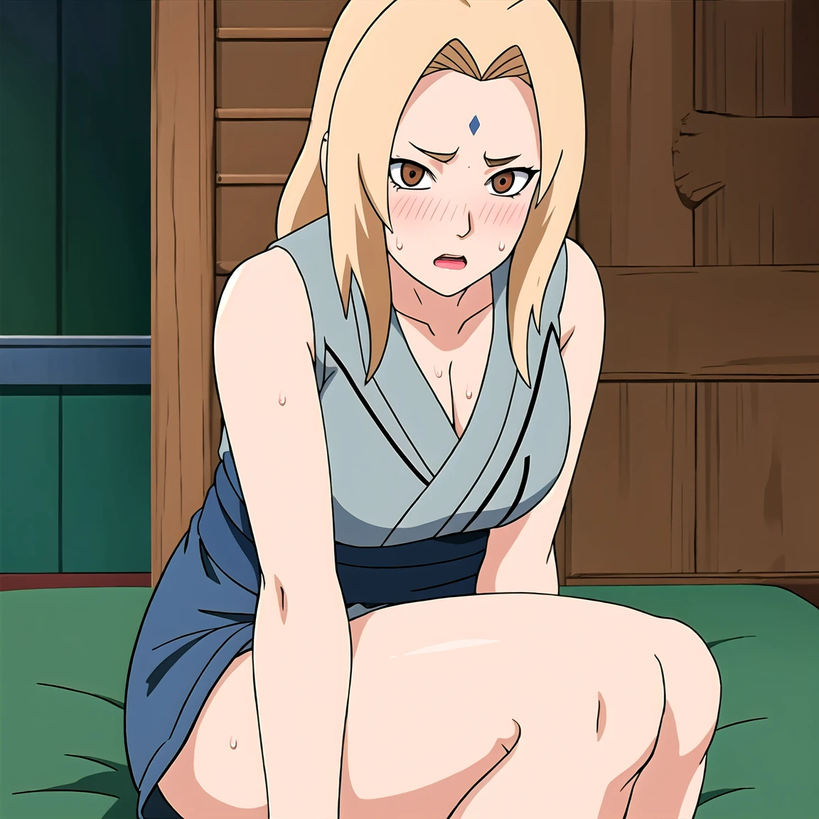 Tsunade , Brown eyes , Blonde hair , Forehead Mark , (8K, RAW photos, best quality, masterpiece:1.2), (Intricate details), Perfect eyes, Perfect face, Perfect lighting, beautiful, (masterpiece:1.2), (best quality:1.2), 1 Girl, Cut-off top , Denim shorts , ,((blush,nervous,Vision,classroom,bookshelf,sit on the chair,))masterpiece, absurd , (Intricate details), (Colorful), light, Extremely detailed CG unity 8k wallpaper ,1 Girl, solo,(shy,classroom,night,blush,nervous,Sweating,蕾丝dress, ),sweat,blush,blush1.5,Blush,Medium chest,((dress,Black stockings,)),(dress,Lying in bed,Uncomfortable expression,Mouth open,spit)
