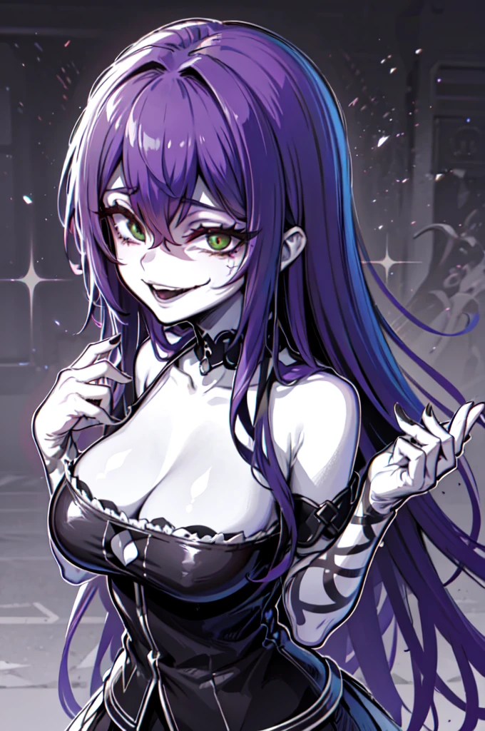 1boy, a man, green eyes, smile, (purple hair:1.2), despair, haunting, collarbone,  thorns,hair between eyes, yoshitaka amano character design, style by NTY, morbid, solo (gesugao), gesugao facial expression, sadistic smile,  big ,to evil smirk,latex hands,latex fingers,too evil huge laugh,sadistic smile,deep shaded face,,smile worst,worst ridecule,too evil moukery,,laugh full of malice,
