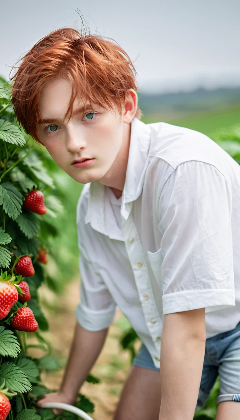 Young cute handsome white skinny beautiful face soft skin without shirt naked big penis in a strawberry garden in a basket hat cute man's butt