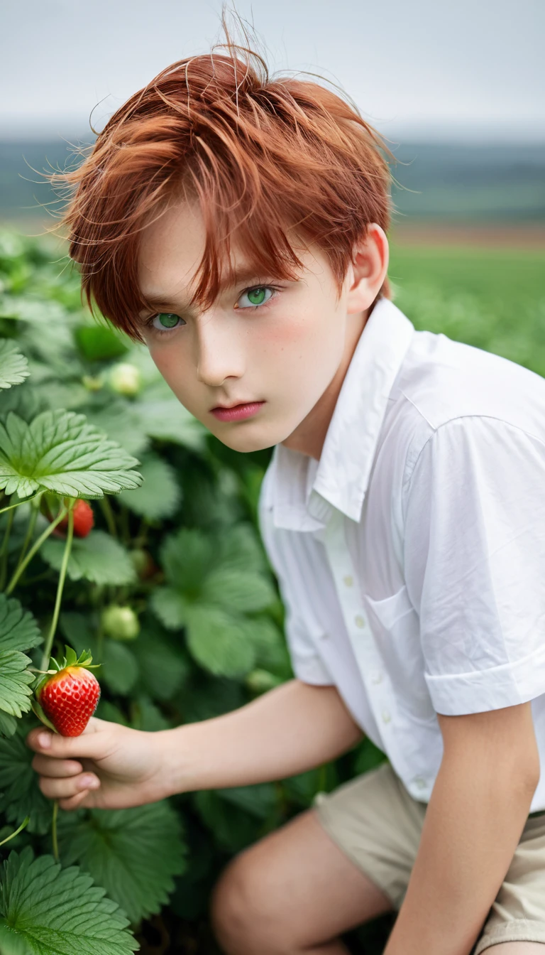 best quality, Ultra-high resolution, 1 boy, Red hair, Green Eyes, short and small, Wearing a white shirt and shorts, ((Shy expression)), Strawberry farm