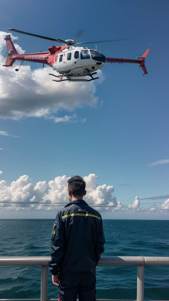 Man on offshore platform watching helicopter