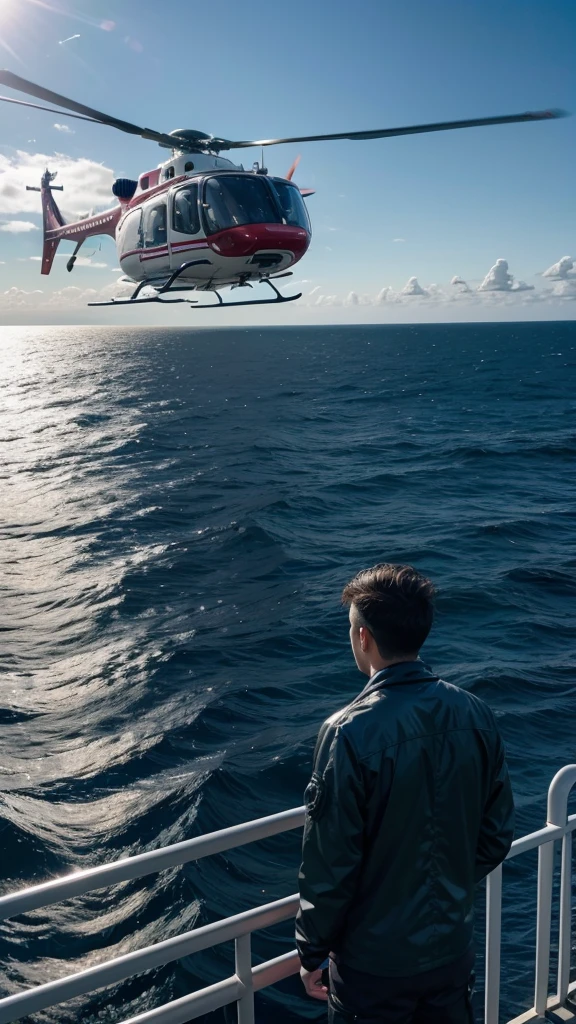 Man on offshore platform watching helicopter