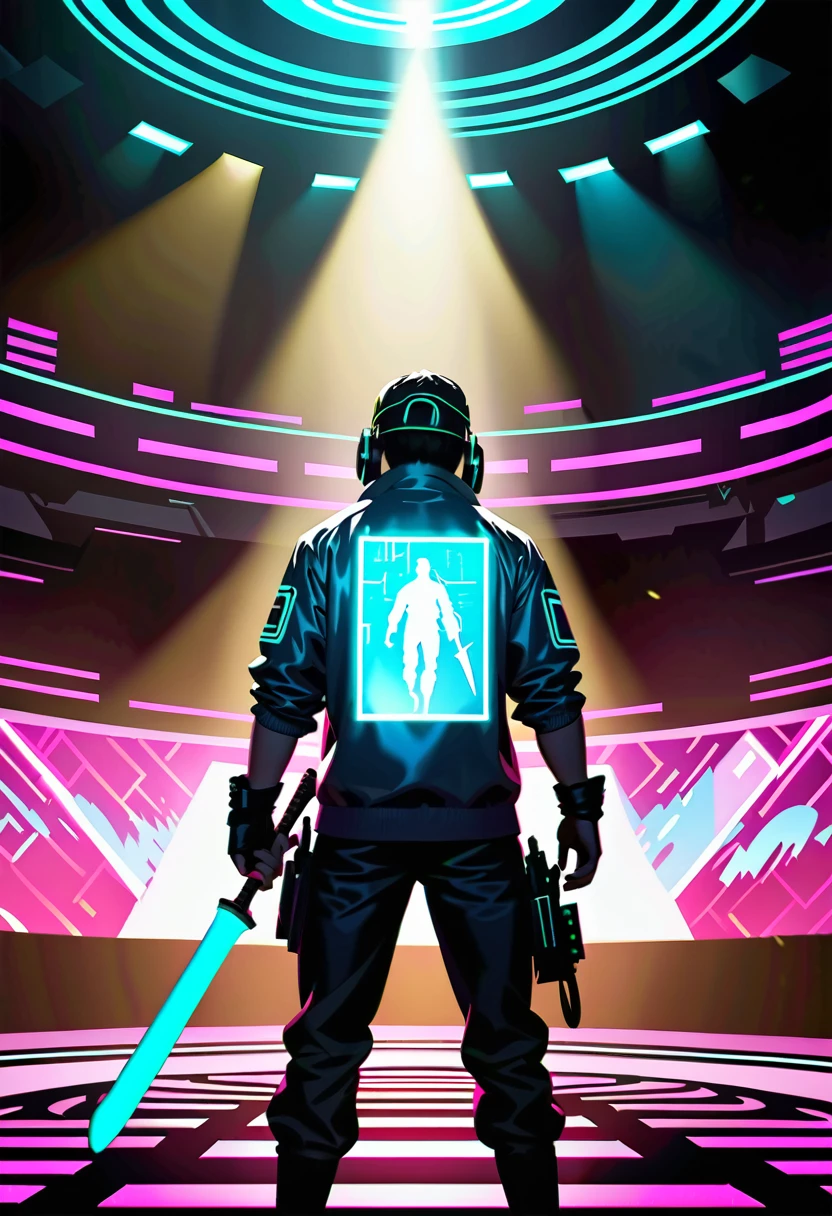 Movie shot, 1 baseball player in cyberpunk style costume in a very sci-fi holographic image arena, holding a bat, confidently facing the opponent in front of him, spotlight, attention, super detail