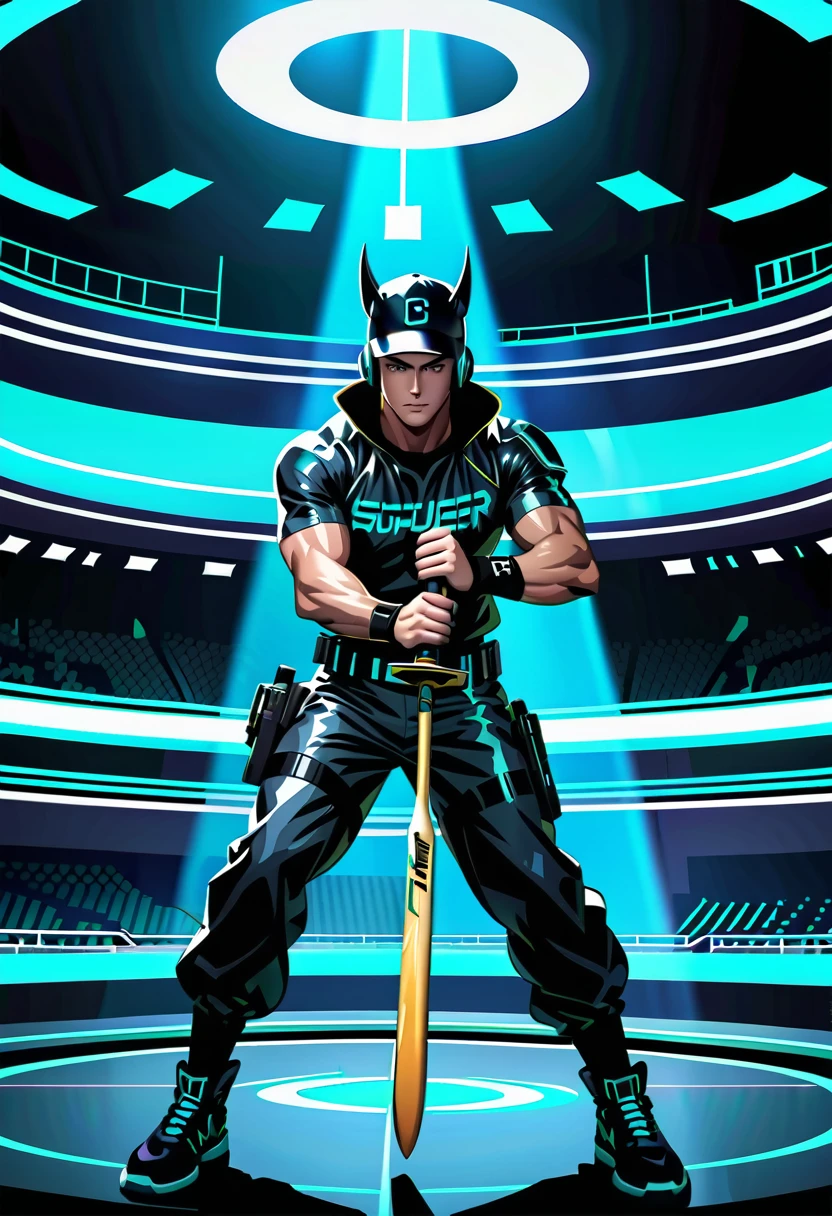 Movie shot, 1 baseball player in cyberpunk style costume in a very sci-fi holographic image arena, holding a bat, confidently facing the opponent in front of him, spotlight, attention, super detail