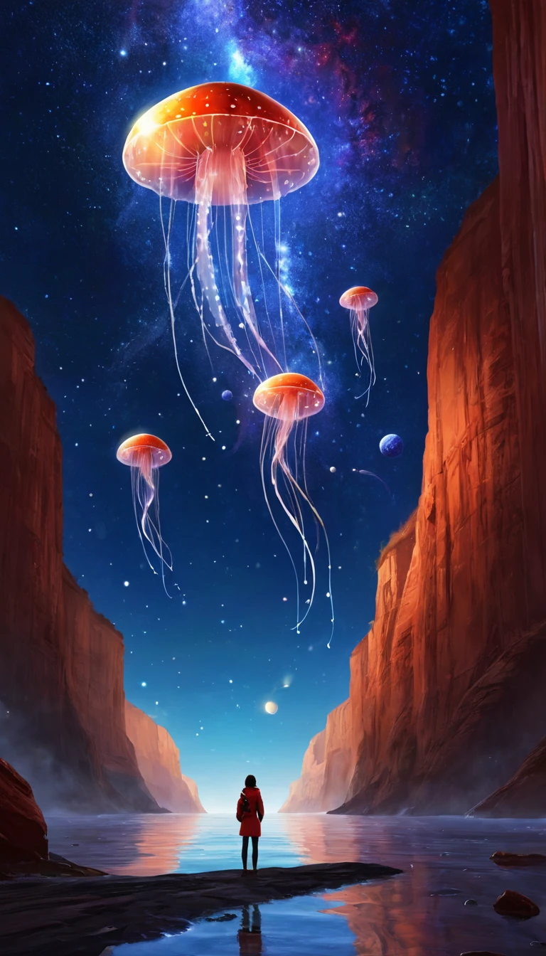 galaxy, Rocket, jellyfish, meteor, Lovely Art. Red Cliff, The art of math. Comfortable and calm, more