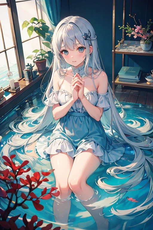 masterpiece, Highest quality, High resolution，Follow the on-screen instructions、Anime Style、Follow the prompts、One Girl、Long silver hair、Inside a cylindrical aquarium、Coral Reef、fish、Falling position、Extend your hands towards the water、On the way down to the bottom of the sea、Look at the water surface、Drowning Slowly