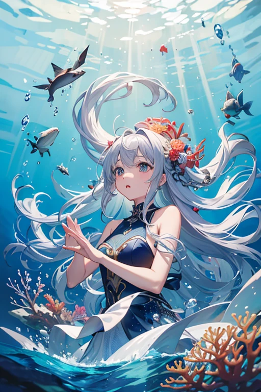 masterpiece, Highest quality, High resolution，Follow the on-screen instructions、Anime Style、Follow the prompts、One Girl、Long silver hair、Inside a cylindrical aquarium、Coral Reef、fish、Falling position、Lying on your back、Extend your hands towards the water、On the way down to the bottom of the sea、Look at the water surface、Drowning Slowly