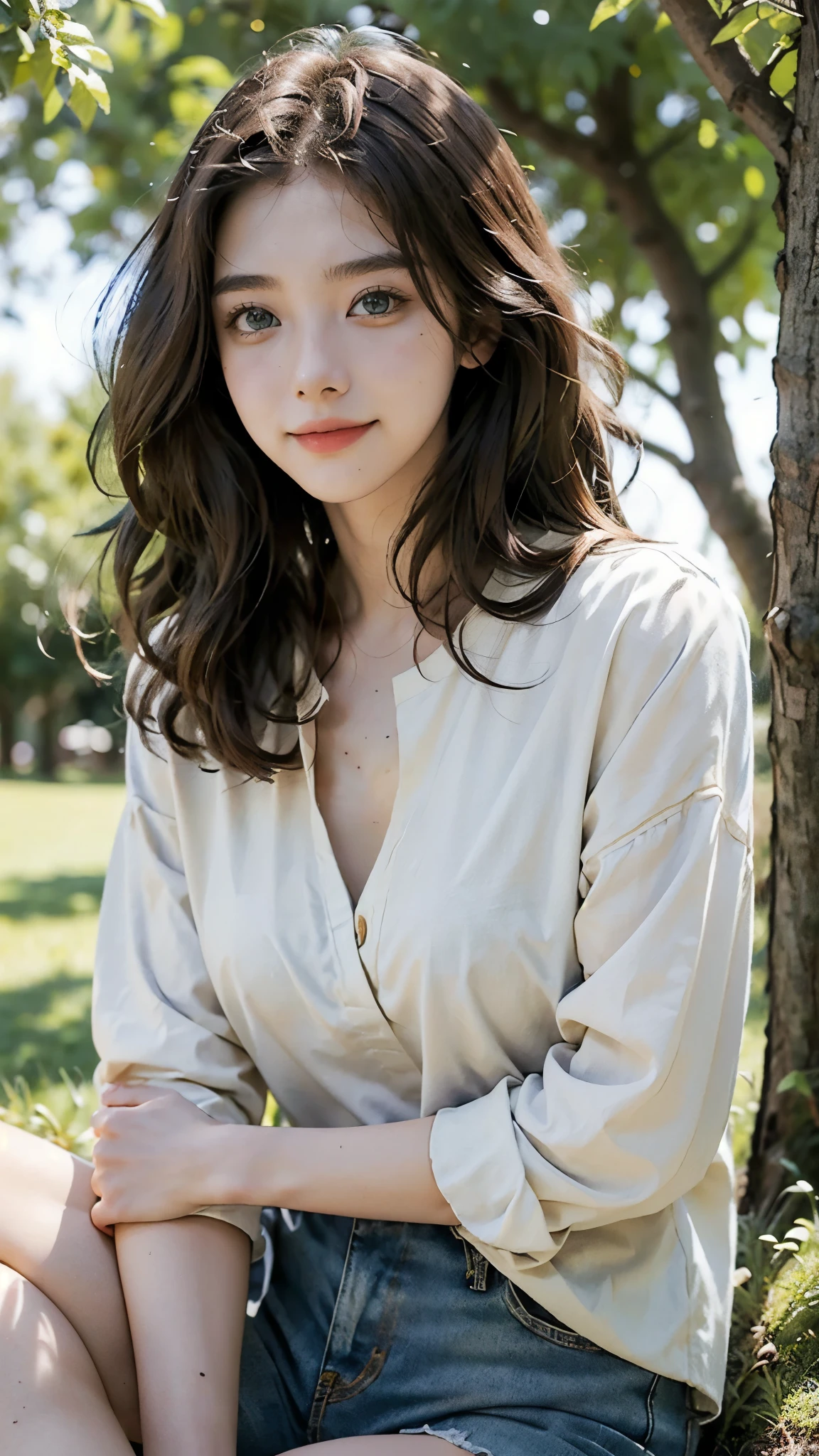 masterpiece, best quality, ultra-detailed), portrait of an 18-year-old woman with light brown hair, curled green eyes, beige blouse and blue jeans smiling blue shorts sung from under a tree (leaning against the tree) and reading a brown book -auto utra realistic --  