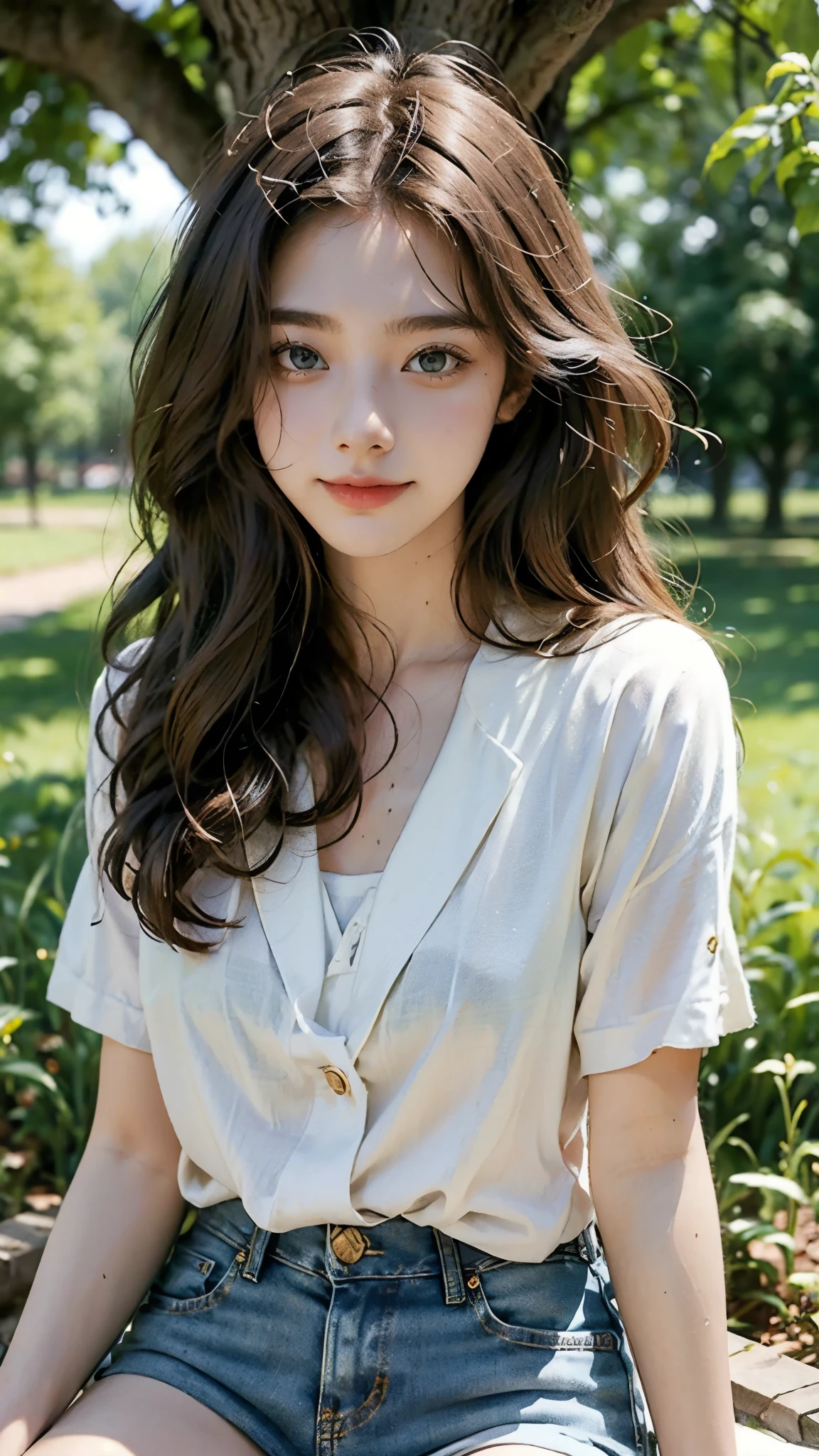 masterpiece, best quality, ultra-detailed), portrait of an 18-year-old woman with light brown hair, curled green eyes, beige blouse and blue jeans smiling blue shorts sung from under a tree (leaning against the tree) and reading a brown book -auto utra realistic --