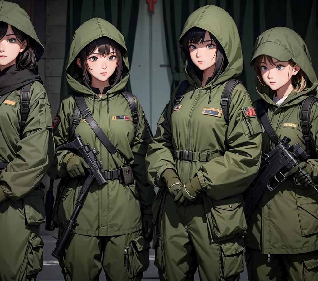 A group of female soldiers standing side by side、All wear dark green M-51 hooded military uniforms、Hooded on head、Magazine Pouch、Military Pants、Show only the upper thigh area，Write details、masterpiece、best quality、Highly detailed CG、8K picture quality