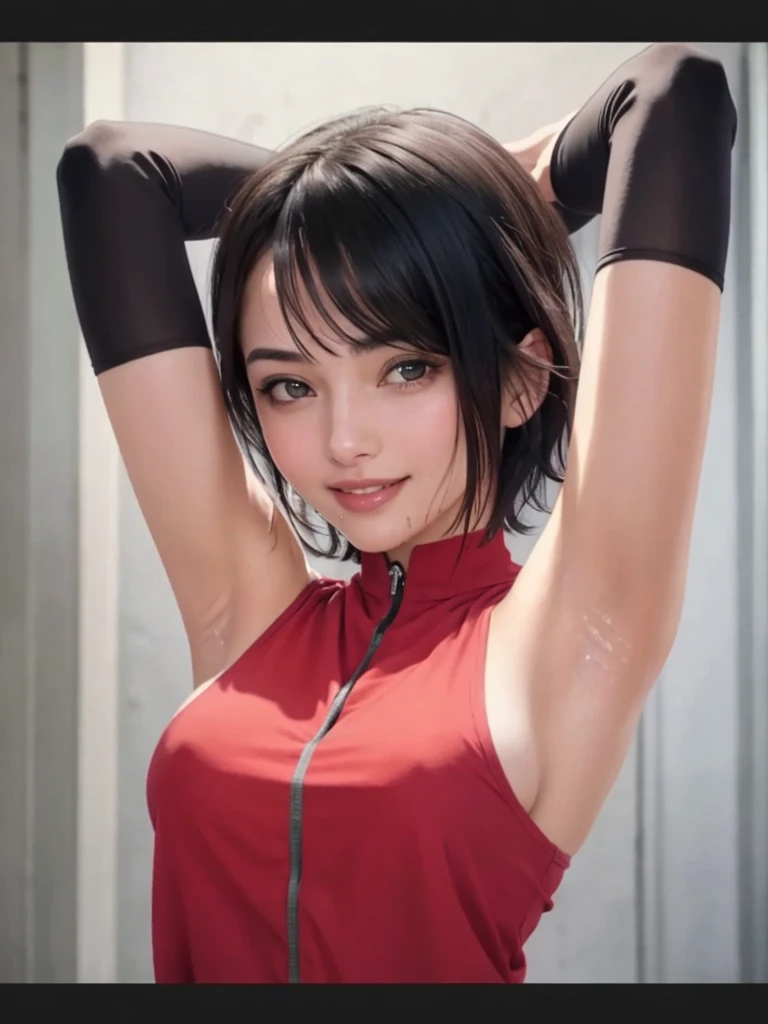 A beautiful girl, high quality, real details, color details, face details, eyes details, intricate details, smile face, smooth glowing skin, 3D image, medium contrast, cinematic lighting, realistic, masterpiece, 8K, thin face, right bangs hair, short hair with black color, black eyes, smiling, scream, pink mouth, red shirt, wet body, large breast size, 2 arm up, smooth armpit, sexy, open your mount