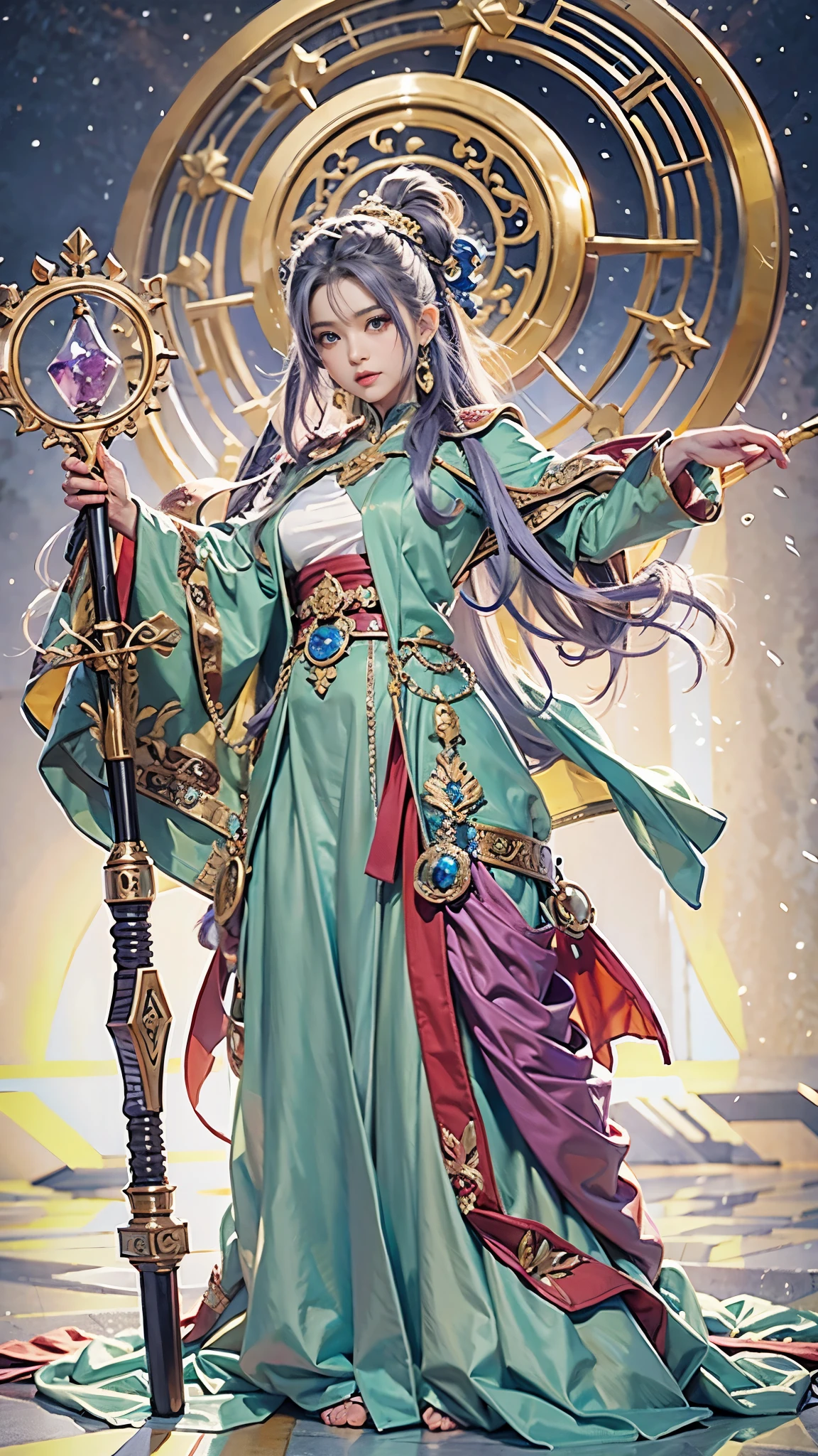 Highest quality、Ultra-realistic、high detail、A super-beautiful female sage from Dragon Quest 3 brandishing her sage's staff in the center of a glowing magic circle at a mysterious altar.。Super huge droopy、Silk translucent robe、Long purple scarf、Cape、jewel embellished hair band、A fine wooden walking stick with many characters carved into it、A whirlwind arises from the magic circle, causing her dress to flutter.、The shape of the erect nipples is clearly visible。