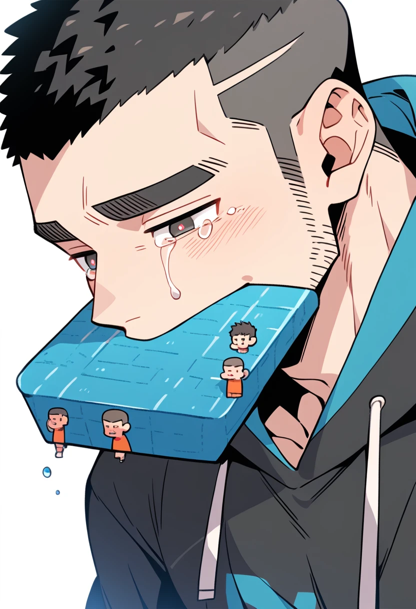 anime characters:Priapus, Muscle Sports Student, Buzz Cut, Manliness, male focus, Sports tight hooded sweatshirt, Very tight, full and perky chest muscles, muscular male, muscular, only, Upper body, alone, Black short hair, Thick eyebrows, stubble, Brown-red pupils, White background, simple background, amazing quality, best aesthetics, Ridiculous, crew cut, sad, crying, sobbing, blush, mouth hold, negative space, best quality