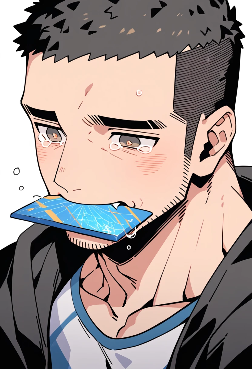 anime characters:Priapus, Muscle Sports Student, Buzz Cut, Manliness, male focus, Sports tight hooded sweatshirt, Very tight, full and perky chest muscles, muscular male, muscular, only, Upper body, alone, Black short hair, Thick eyebrows, stubble, Brown-red pupils, White background, simple background, amazing quality, best aesthetics, Ridiculous, crew cut, sad, crying, sobbing, blush, mouth hold, negative space, best quality