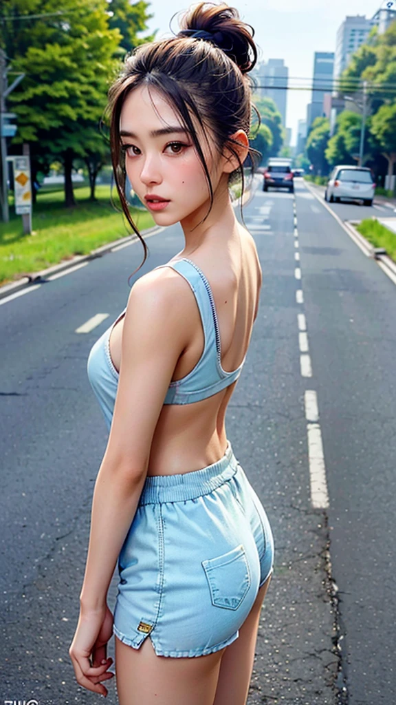 Highest image quality, outstanding details, Ultra high resolution, (Realism: 1.4), best illustration, I prefer details, very tight 1 girl, with a gentle and beautiful face, bare chest, wearing high-waisted shorts, square hairstyle, holding a gun, walking on the road, background - high-tech light scene of the city of the future.