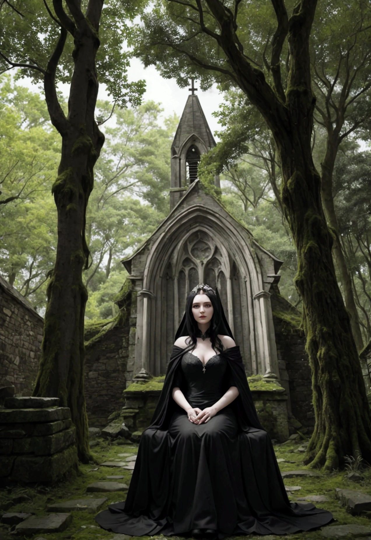 Witch Morgana is seated on an ancient stone outside an abandoned church, now covered in moss and nestled within a dense forest. Sunlight gently filters through the tree canopies, illuminating her serene face as she gazes into the horizon. Morgana is dressed in an elegant black dress adorned with white details, creating a striking contrast with the lush greenery around her.