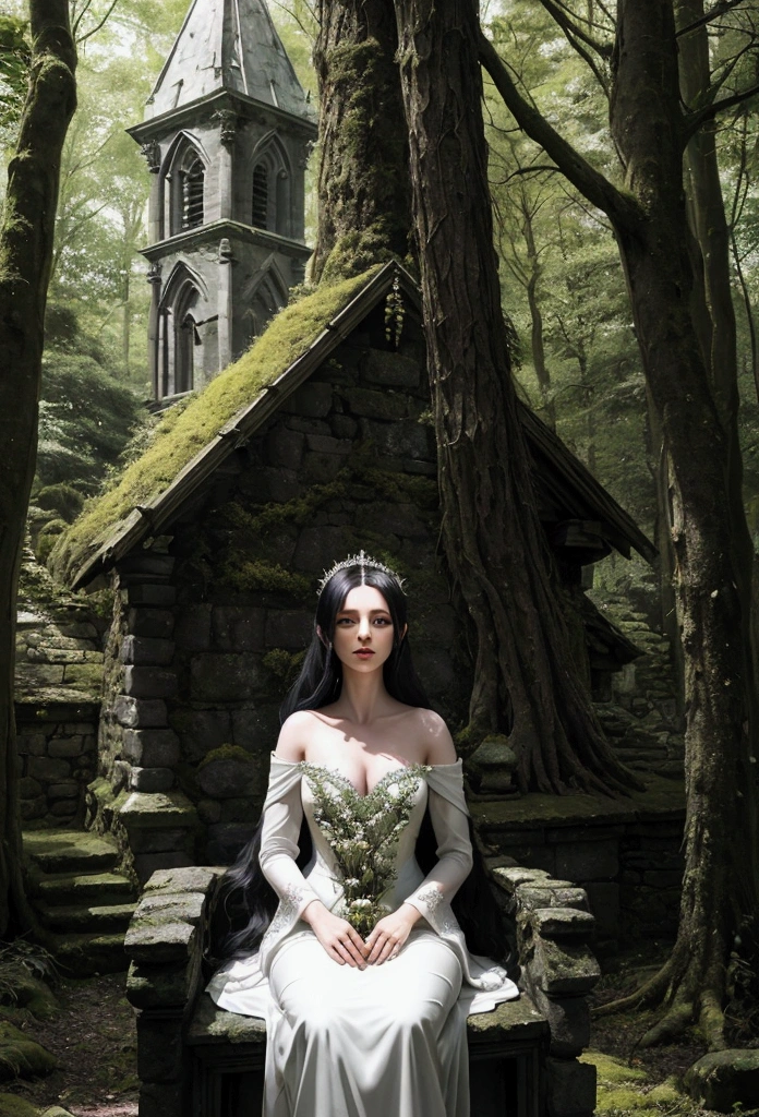 Witch Morgana is seated on an ancient stone outside an abandoned church, now covered in moss and nestled within a dense forest. Sunlight gently filters through the tree canopies, illuminating her serene face as she gazes into the horizon. Morgana is dressed in an elegant black dress adorned with white details, creating a striking contrast with the lush greenery around her.