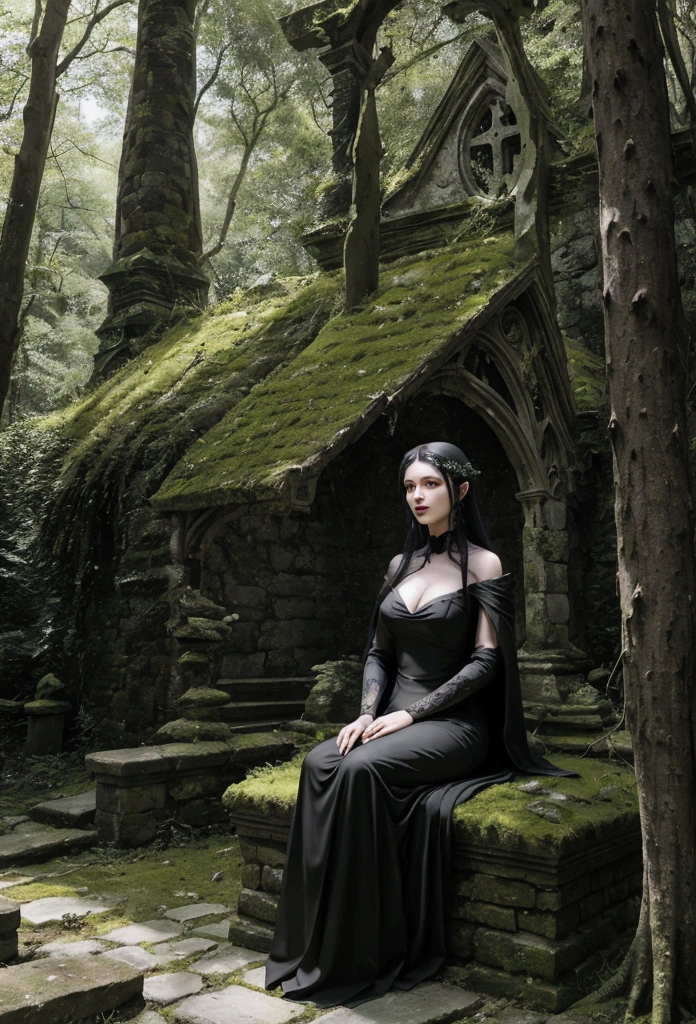 Witch Morgana is seated on an ancient stone outside an abandoned church, now covered in moss and nestled within a dense forest. Sunlight gently filters through the tree canopies, illuminating her serene face as she gazes into the horizon. Morgana is dressed in an elegant black dress adorned with white details, creating a striking contrast with the lush greenery around her.