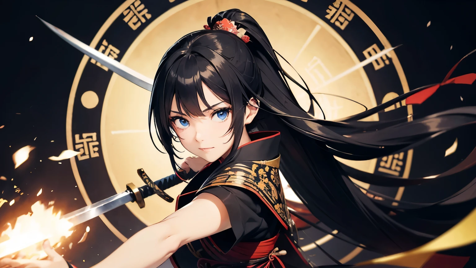 As a beautiful long-haired beauty、Fight with Japan-style weapons, 1girl in, Komono, Sword, arma, Solo, Blue eyes, Kimono, burning katanas, Holding, Black hair, Looking at Viewer, holding swords, holding weapon, Bangs, Ponytail, Long hair, with floral pattern, sash, Yin and Yang Diagram,Tai Chi diagram,Blurry background,BREAK, Calligraphy patterns, Artistic lettering, Beautiful script, penmanship, Visual poetry, cultural expression, Decorative writing