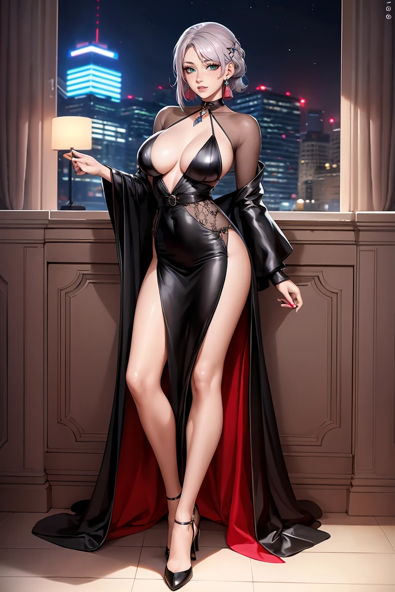 (One girl:1.5),(Highest quality,4K,8K,High resolution,masterpiece:1.2),Very detailed,(Actual,photoActual,photo-Actual:1.37),station,Dark brown hair,Red lips女孩,Black evening dress,Elegant clothes for girls,Red lips,How to apply lipstick perfectly,(Beautiful Eyes:1.4),Silver Hair,Brown eyes,A light smile,Happy expression,Very refined skin,A stunning face,Long eyelashes,black eyeliner,Artwork,(Black belt:1.2),Drop Earrings,Full body woman love
