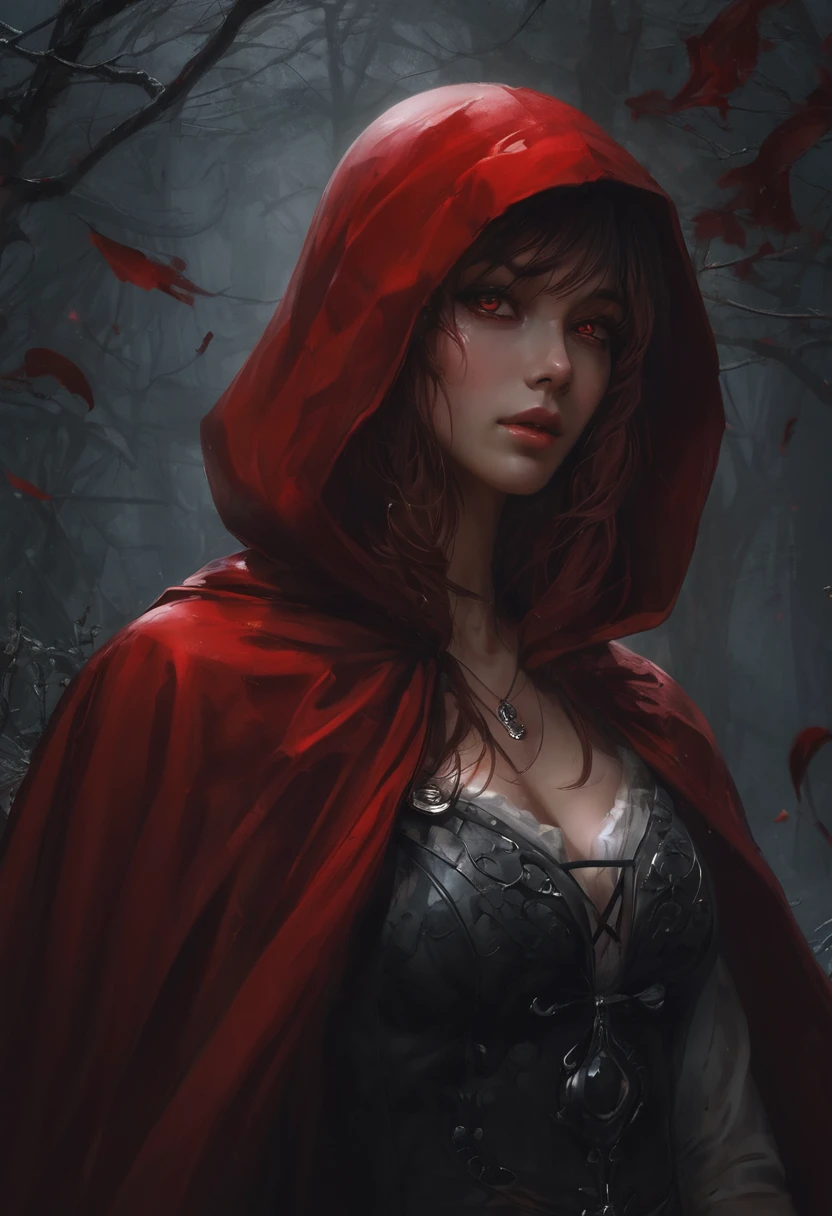 (Highest quality,4K,High resolution,masterpiece:1.2),Super detailed,Realistic:1.37,Portraiture,Dark fantasy,Red color scheme,Soft lighting,Emotional,Enchanted Forest,Ominous atmosphere,Eye-catching,Storytelling,anatomy,Anime Style,Concept Art,Beautiful detailed face and (((Red eyes ))),Flowing Hair,emotional expression,Jewelry made with attention to detail,A cape with an intricate pattern,Strong gaze,Cape with feather detailing,Subtle Shadows,Dynamic pose,A magnificent composition,Mysterious Background,Natural elements,Moonlit Night,wood々The wind blowing between,Eerie presence,Revealing character strengths and weaknesses,A striking contrast between the red cape and its surroundings,Fascinating story,Rich texture,Depth and Dimension,Highlight the charm and resilience of your characters. (((Little Red Riding Hood))), (Blood splatter:1.3)