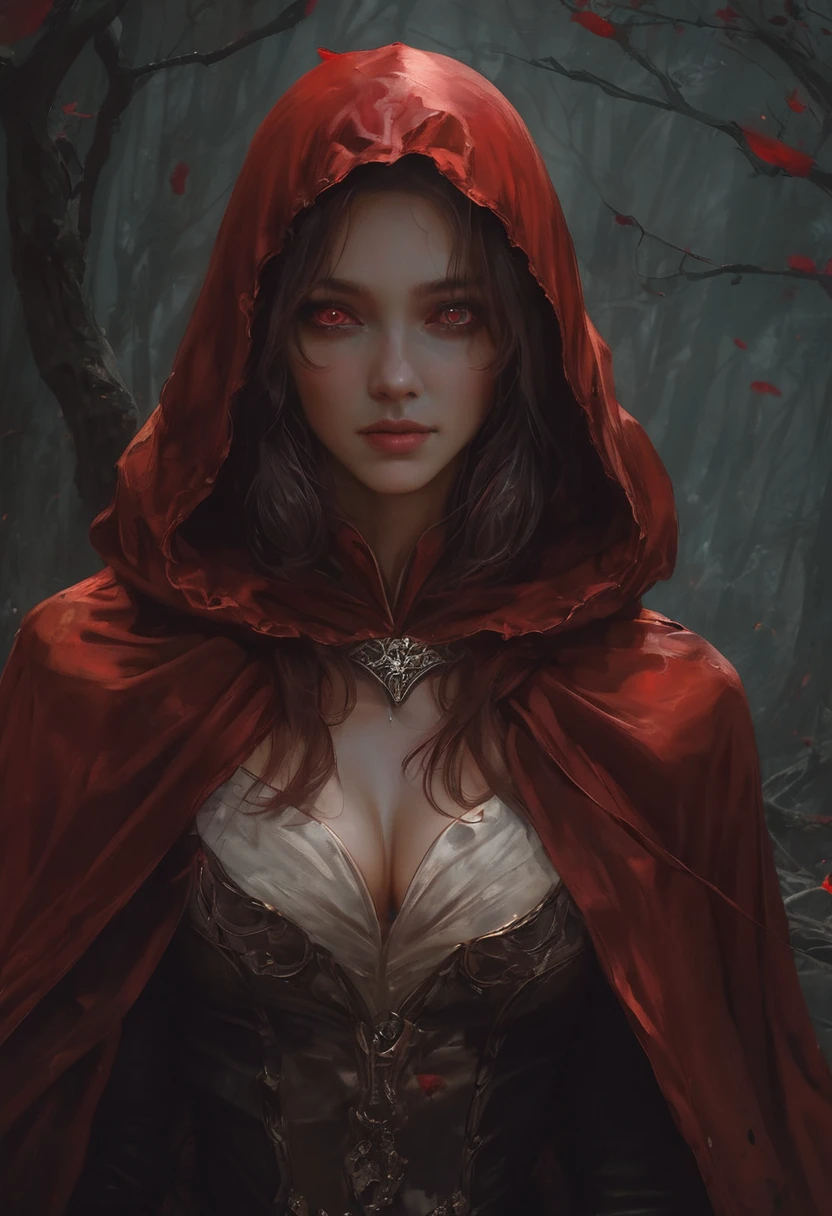 closeup portrait of a cute red riding hood in a dark spooky forest, big bad wolf in background, scary, (backlighting), realistic, masterpiece, highest quality, ((red hooded cape)), basket of food on ground,  ((scared)), lens flare, shade, bloom, ((light sparkles)), [chromatic aberration], by Jeremy Lipking, by Antonio J. Manzanedo, by (Alphonse Mucha), digital painting