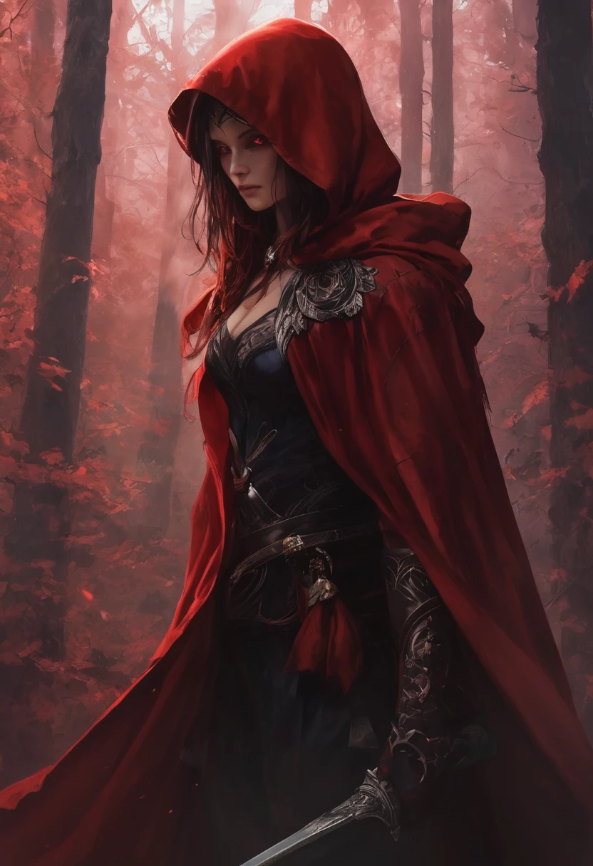 (Highest quality,4K,High resolution,masterpiece:1.2),Super detailed,Realistic:1.37,Portraiture,Dark fantasy,Red color scheme,Soft lighting,Emotional,Enchanted Forest,Ominous atmosphere,Eye-catching,Storytelling,anatomy,Anime Style,Concept Art,Beautiful detailed face and (((Red eyes ))),Flowing Hair,emotional expression,Jewelry made with attention to detail,A cape with an intricate pattern,Strong gaze,Cape with feather detailing,Subtle Shadows,Dynamic pose,A magnificent composition,Mysterious Background,Natural elements,Moonlit Night,wood々The wind blowing between,Eerie presence,Revealing character strengths and weaknesses,A striking contrast between the red cape and its surroundings,Fascinating story,Rich texture,Depth and Dimension,Highlight the charm and resilience of your characters. (((Little Red Riding Hood))), (Blood splatter:1.3)