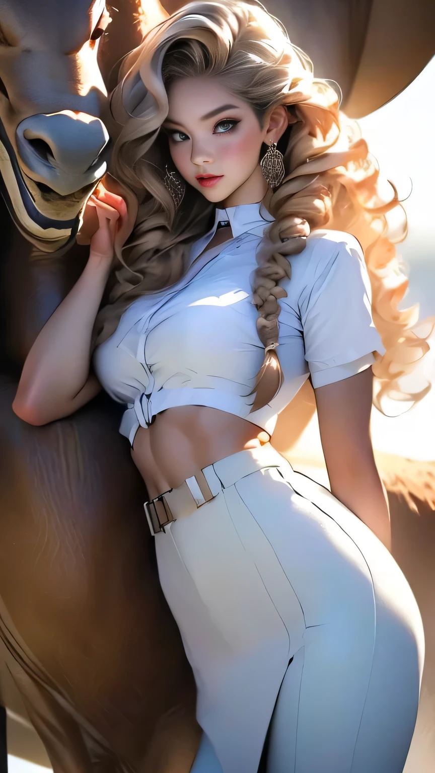 (Surreal), (picture), (High resolution), (In 8K), (Very detailed), (Best Illustration Photos), (Beautiful and fine details), (Highest quality), (Ultra-detailed), (masterpiece), (wallpaper), (Detailed face), solo, One Girl, White Wavy Hair, Korean Beauty, iridescent heterochromatic eyes, Loose light white shirt, White maid outfit, Long legs, Toned Abs, Camel Toe, stockings、((Curly hair in braids、good１))、