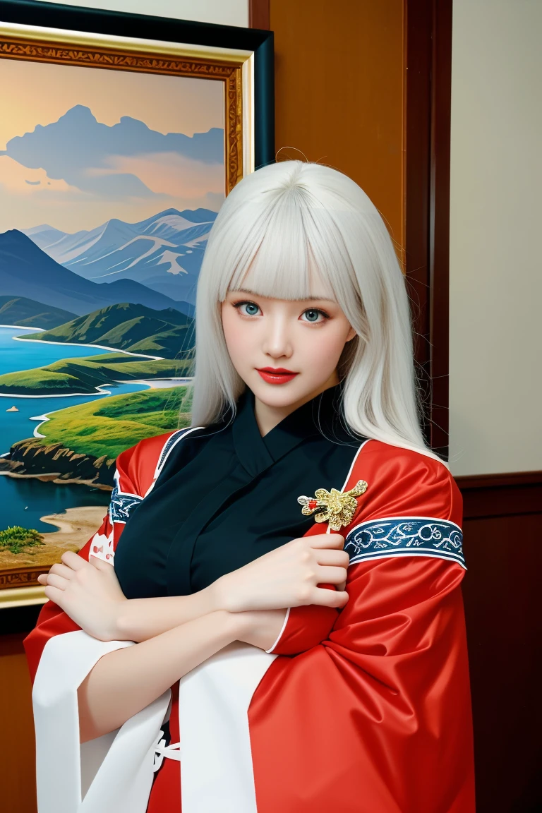 best quality, tmasterpiece,Ultra-high resolution,Clear face,（Reality：1.4），ferpect lighting，(upper body), (photorealistic:1.50), anime wallpaper, Guviz style artwork, cover-up fantasy up to magic , by Yang J, Guviz, beautiful artwork illustration, beautiful digital artwork, beautiful digital illustration, Li Song, beautiful anime portrait, art style in Beauvot, 1girl, 独奏, long hair, white hair, bangs, purple eyes, double eyelids, blush, Red cheeks, kimono, wide sleeves, medium breast, shagging breasts, indoor, room, standing,