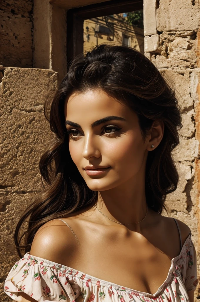 ;a beautiful Italian woman&#39;s short wavy hair taking a topless selfie 