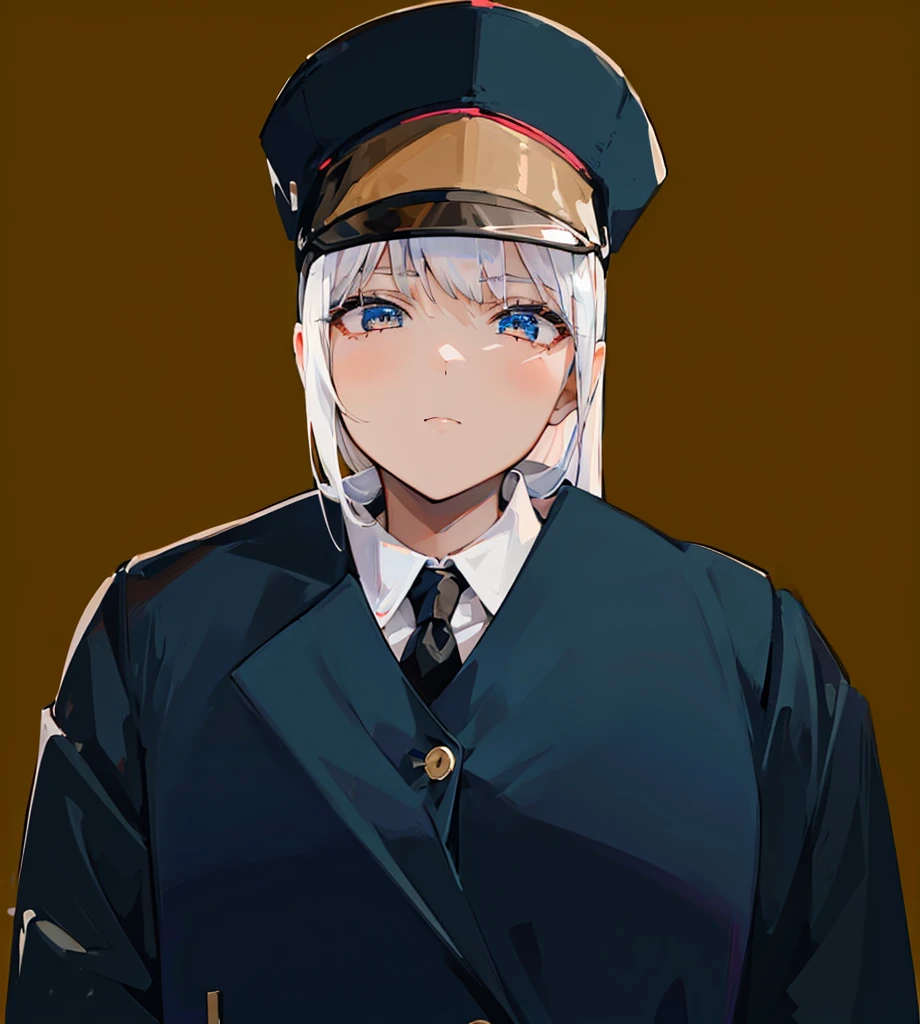 Female, (1girl:1.5), (exceptional, best aesthetic, new, newest, best quality, anime, waifu:1.2), keep the hat like the original, master piece, best quality, ultra detailed, absurdres, highres, colored, good anatomy, long silver hair, brown eyes, serious face, woman breast, sexy, plain bright blue coat, no shirt button, white inside shirt, peak cap, black tie,