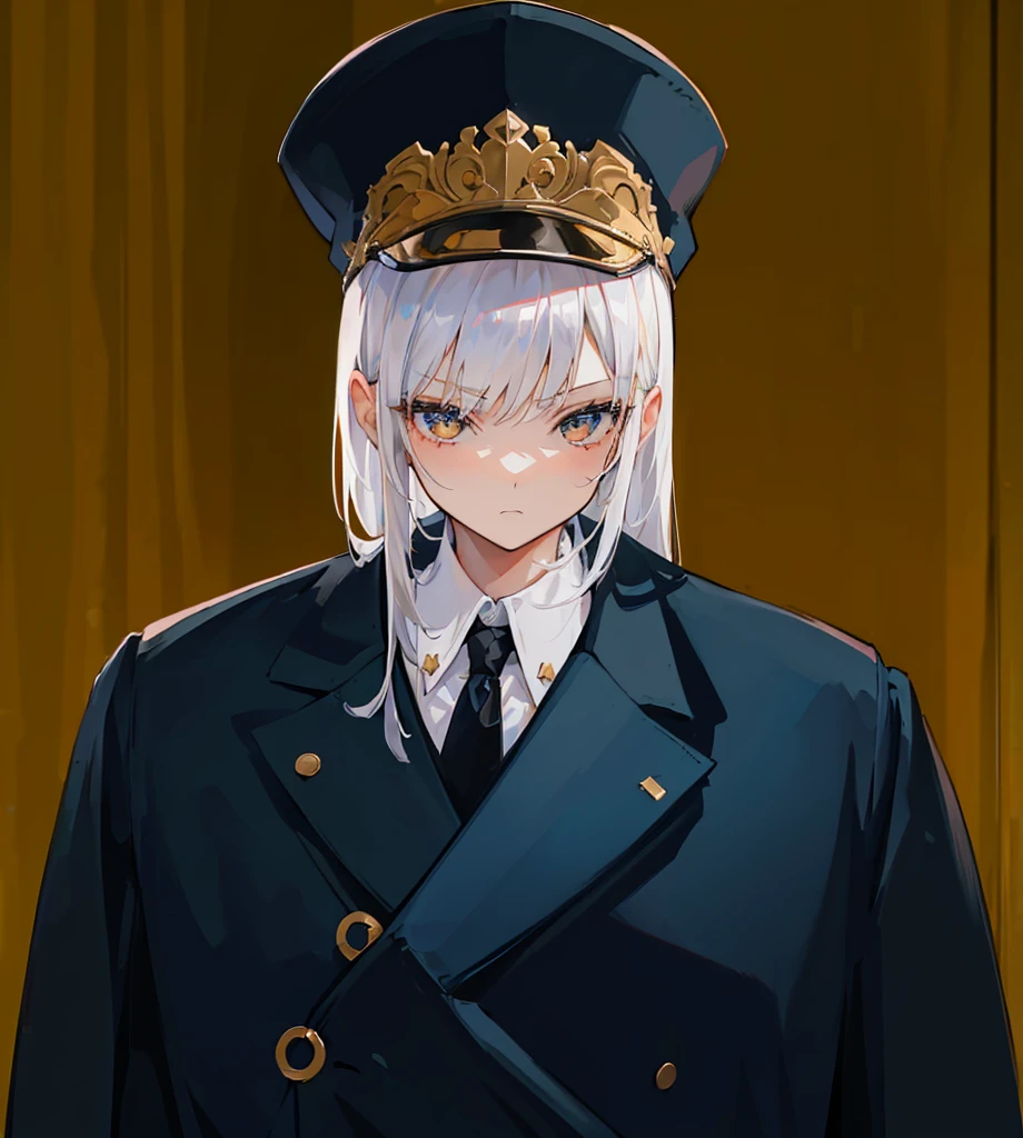Female, (1girl:1.5), (exceptional, best aesthetic, new, newest, best quality, anime, waifu:1.2), keep the hat like the original, master piece, best quality, ultra detailed, absurdres, highres, colored, good anatomy, long silver hair, brown eyes, serious face, woman breast, sexy, plain bright blue coat, no shirt button, white inside shirt, peak cap, black tie,