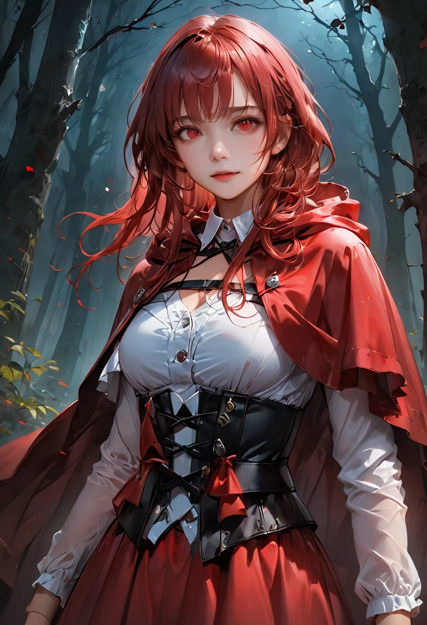 (Highest quality,4K,High resolution,masterpiece:1.2),Super detailed,Realistic:1.37,Portraiture,Dark fantasy,Red color scheme,Soft lighting,Emotional,Enchanted Forest,Ominous atmosphere,Eye-catching,Storytelling,anatomy,Anime Style,Concept Art,Beautiful detailed face and (((Red eyes ))),Flowing Hair,emotional expression,Jewelry made with attention to detail,A cape with an intricate pattern,Strong gaze,Cape with feather detailing,Subtle Shadows,Dynamic pose,A magnificent composition,Mysterious Background,Natural elements,Moonlit Night,wood々The wind blowing between,Eerie presence,Revealing character strengths and weaknesses,A striking contrast between the red cape and its surroundings,Fascinating story,Rich texture,Depth and Dimension,Highlight the charm and resilience of your characters. (((Little Red Riding Hood))), (Blood splatter:1.3)