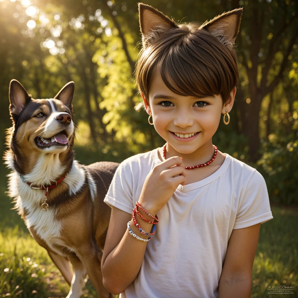 A cheerful person with brown hair and short hair is depicted in this artwork. He is barefoot and wearing a bracelet on his wrist. They have a fixed shape-shifting ability, which is visually represented by real dog ears and a tail. O has striking red eyes and also wears an earring and a ring.. The artwork focuses on capturing the innocence and joy of childhood, with a vibrant and fun color palette. The lighting is soft and highlights the child&#39;s features, creating a warm and inviting atmosphere. This artwork is created using various media, such as illustrations and digital painting. The emphasis is on creating a high-quality masterpiece with ultra-detailed features and a realistic look., Photorealistic rendering, destitute, pink nipple,perfect, fluffly, sexly, carelessness, sheer shirts:1.9, transparentes:1.5