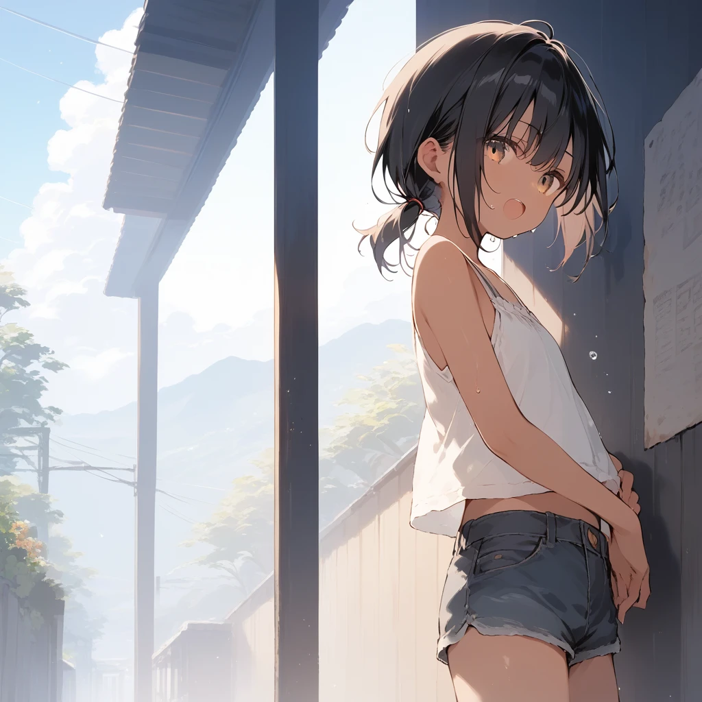 score_9, score_8_up, score_7_up, source_anime, best quality, masterpiece, official art, absurdres, highres, ultra-detailed,waifu2x,Collection: Slice of Life,break,1girl, tomboy, dark-skinned female, short hair, low ponytail, flat chest, beautiful detailed eyes, short shorts, sweat, open mouth, (yawn:0.3), sleepily, outdoors, wind,break,(clear line illustration:1.2), super detailed skin,very high resolution, very aesthetic, Best sexual lighting powered by famous artist, 8k,cute picture,beauty illustration,photoshop_(medium),,(Detailed Lighting),best anime 8k konachan wallpaper, pixiv contest winner,