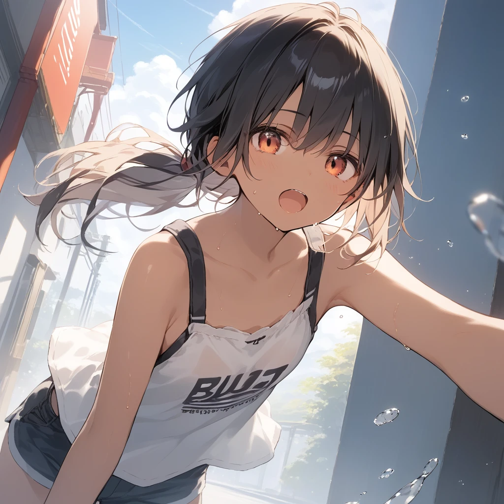 score_9, score_8_up, score_7_up, source_anime, best quality, masterpiece, official art, absurdres, highres, ultra-detailed,waifu2x,Collection: Slice of Life,break,1girl, tomboy, dark-skinned female, short hair, low ponytail, flat chest, beautiful detailed eyes, short shorts, sweat, open mouth, (yawn:0.3), sleepily, outdoors, wind,break,(clear line illustration:1.2), super detailed skin,very high resolution, very aesthetic, Best sexual lighting powered by famous artist, 8k,cute picture,beauty illustration,photoshop_(medium),,(Detailed Lighting),best anime 8k konachan wallpaper, pixiv contest winner,