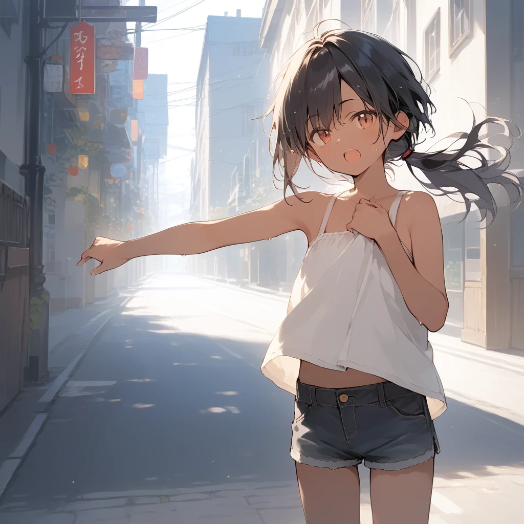 score_9, score_8_up, score_7_up, source_anime, best quality, masterpiece, official art, absurdres, highres, ultra-detailed,waifu2x,Collection: Slice of Life,break,1girl, tomboy, dark-skinned female, short hair, low ponytail, flat chest, beautiful detailed eyes, short shorts, sweat, open mouth, (yawn:0.3), sleepily, outdoors, wind,break,(clear line illustration:1.2), super detailed skin,very high resolution, very aesthetic, Best sexual lighting powered by famous artist, 8k,cute picture,beauty illustration,photoshop_(medium),,(Detailed Lighting),best anime 8k konachan wallpaper, pixiv contest winner,