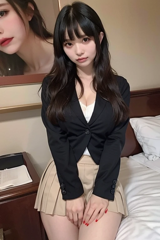 Highest quality,beauty,Beautiful face in every detail,Angry face,Japanese,Long Hair(Black Hair,With bangs,)Very large eyes,(Red eyes),beauty,Big Breasts(Big Breasts,very large areola,extremely Big Breasts,Deep Valley,Big Breasts,Brown areola,)Big Ass,1.8,Highly detailed costume, smile, High school girl uniform blazer,Pleated skirt(Tiny mini skirt),super high quality,Wide-open legs,Ocean,naked,