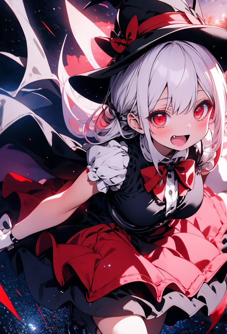 Cute, girly character, Lolita, big red eyes, shine lights, white hair, scary face, vampire, witch, black long dress, black heels, dark gothic castle, striped socks, flying in night sky,
