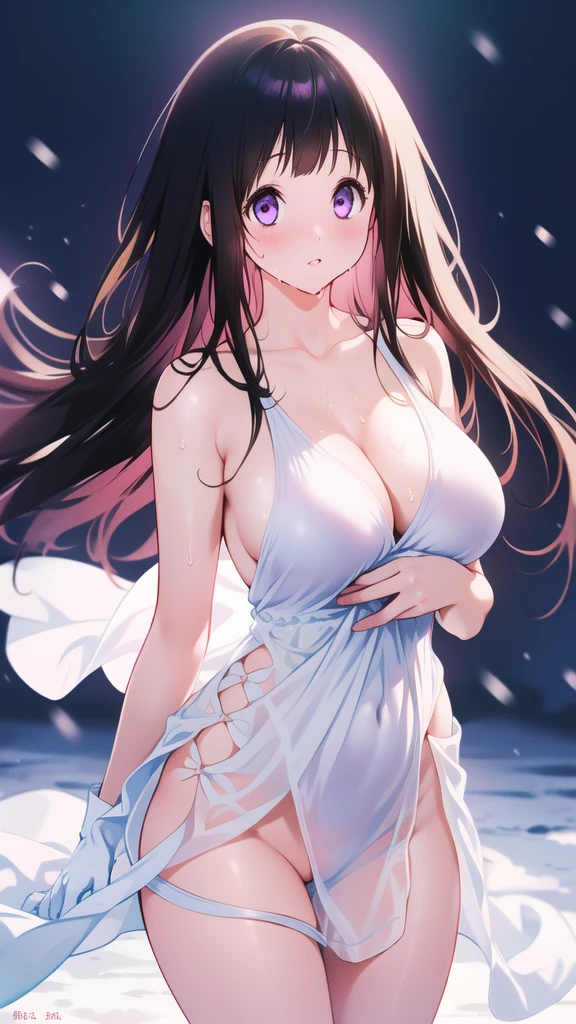 Amazing Chitanda, There is only one beautiful girl，Purple Eyes, Black Hair, Very red face，Very white skin，Glowing skin，Skin as delicate as porcelain，Naturally straight hair, Straight bangs，Extremely refined，Open lips，Long flowing hair，Beautiful Girl, Like a dream，Slim，Slim waist，Soft, (Sensual), (Kawaii), Dream quality，Beautiful big breasts，White transparent loose dress，Areola，Completely naked，Lower edge of breast，White gloves，Flower decoration，Deep V neckline，Loose neckline，Wide neckline，In school，The wind blows the hair，Place your hands on your inner thighs，Thighs clamp hands，Wet skin，Sweaty and sweaty，Sweating all over，On the snow，Back to，Hips，Side body，Gluteal groove，Completely naked的臀部，Bare back，Completely naked的背部，Light transmission，（no pants），nopan，pussy juice，Bare shoulders，There are no shoulder straps，Bare neck，Exposed collarbone，Exposing breasts，Exposing breasts侧面，Exposing breasts下面，Show your waist，Show your buttocks，Show your thighs，Exposing the groin，（No pants），extremely shy，Ultra-high resolution, (masterpiece:1.2, best quality), (Delicate and beautiful eyes: 1.2), (Beautiful and delicate face)