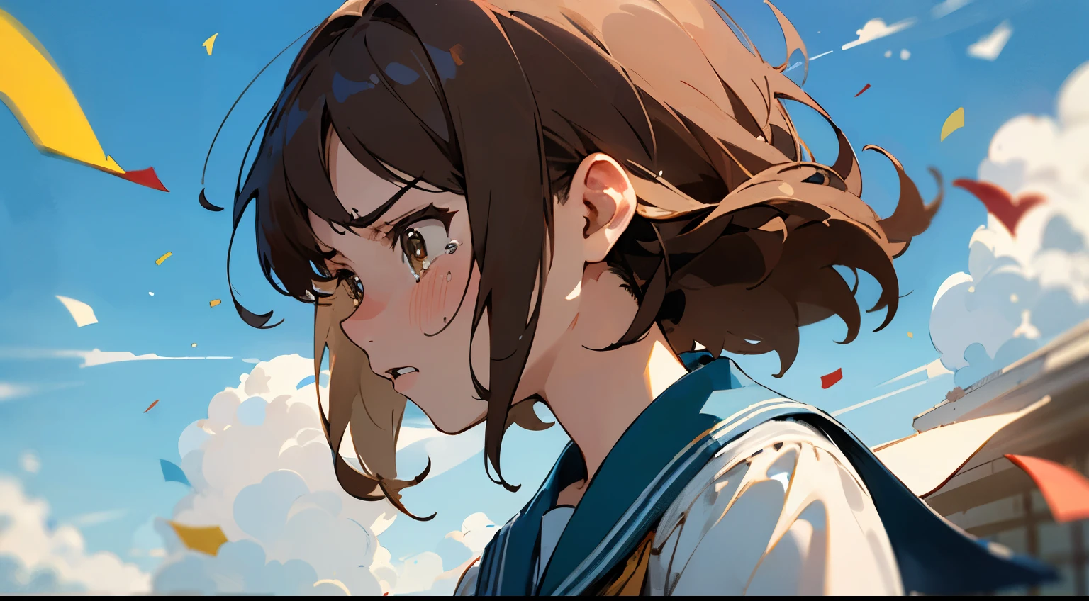 ((Highest quality)), ((masterpiece)), ((Very detailed)),Girl,Angry expression,Confetti,Brown Hair,Blue sky and clouds,Tears on my cheeks,profile,student,School building