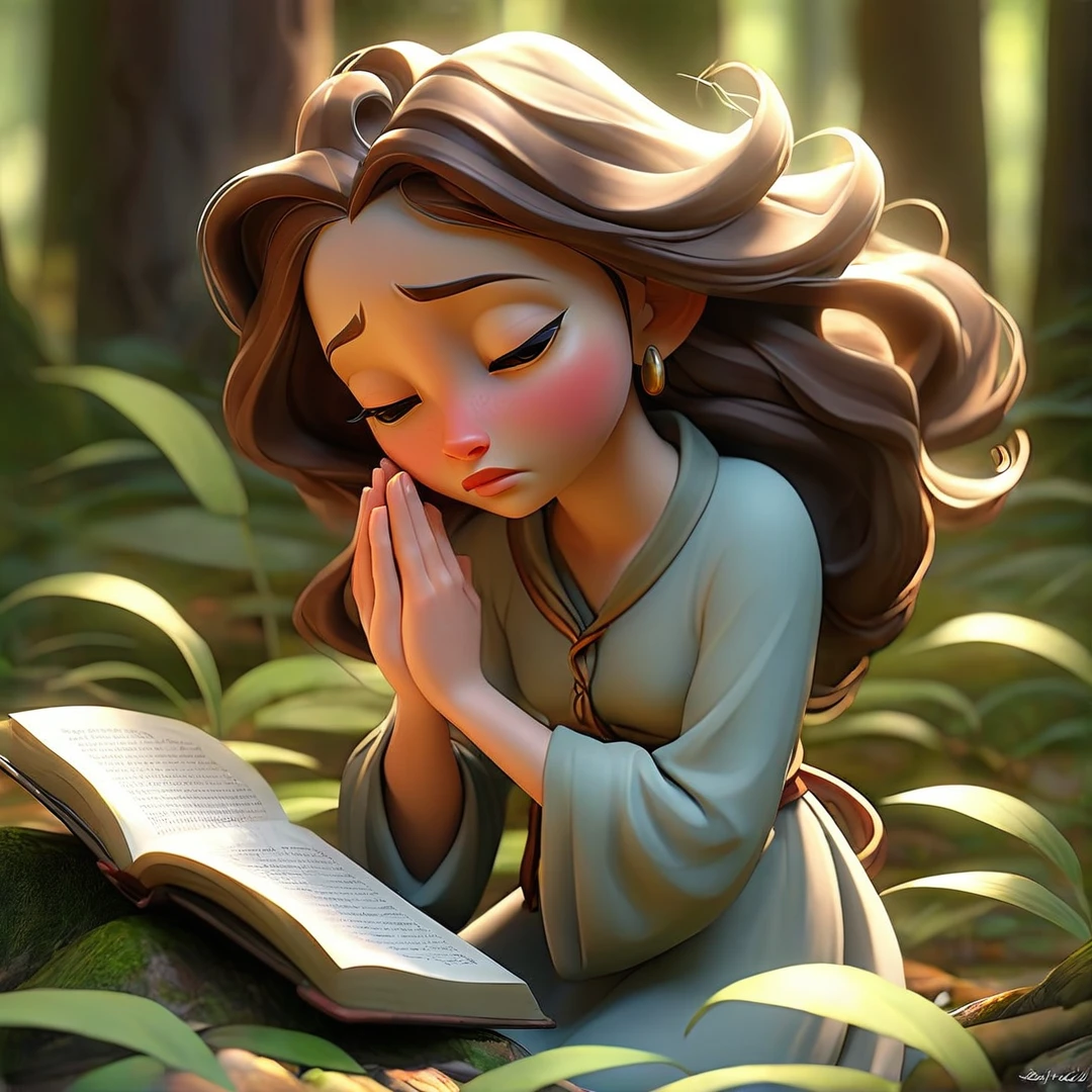 Sob a serene glass, on a peaceful day, a woman in the forest , in voracious prayer. Bible in hands, words of light, Seek the comfort that faith always translates. The shadow of the tree, shelter and refreshment, A sacred encounter, an ethereal moment. With eyes closed and heart open, Pray fervently, search for the right path. Every leaf that falls, a divine whisper, Guiding your words, showing the destination. On sacred ground, your soul surrenders, To God omnipresent, his life he extends. under the tree, symbol of life and shelter, a woman with bible, in an old dialogue. kneeling in prayer, her strength she renews.