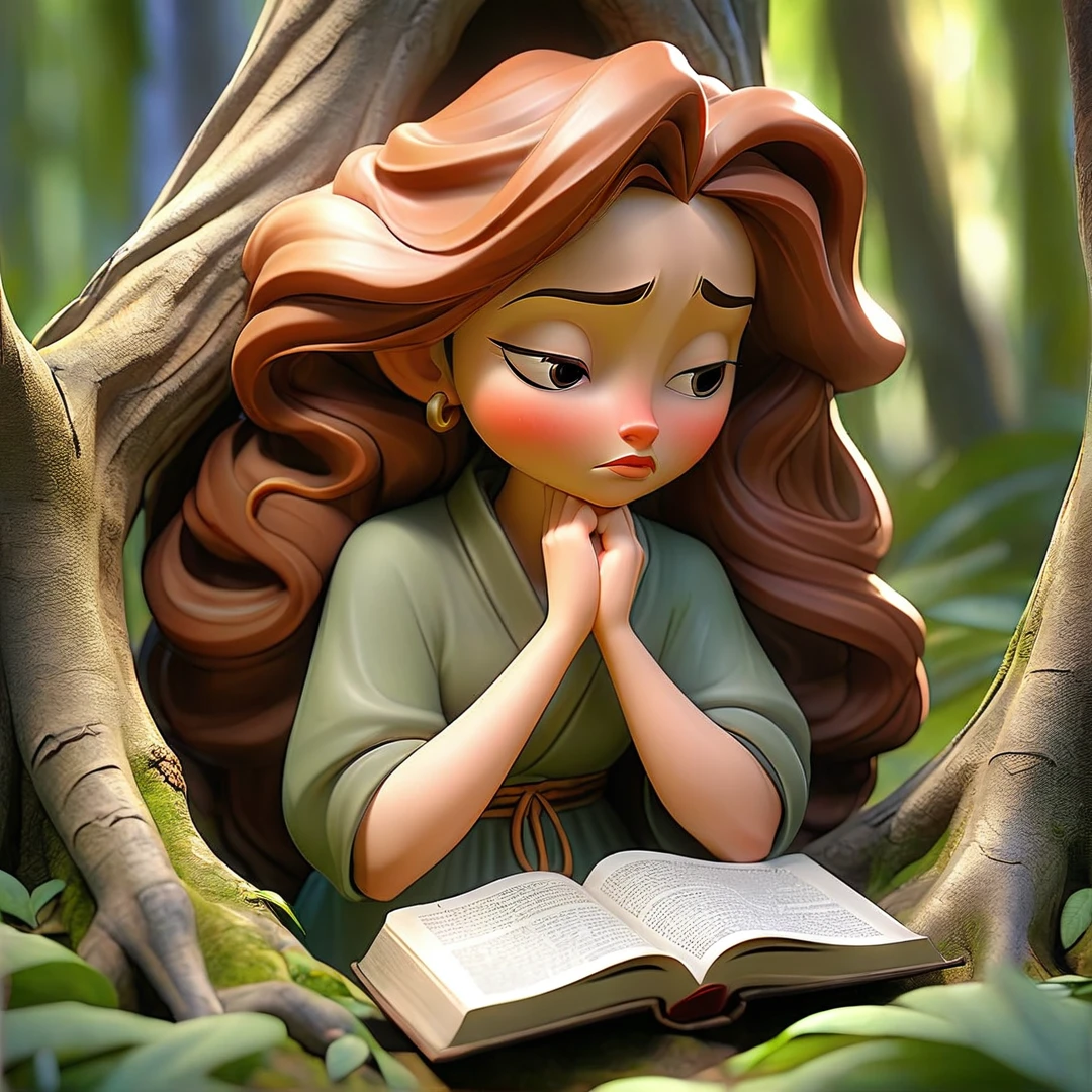 Sob a serene glass, on a peaceful day, a woman in the forest , in voracious prayer. Bible in hands, words of light, Seek the comfort that faith always translates. The shadow of the tree, shelter and refreshment, A sacred encounter, an ethereal moment. With eyes closed and heart open, Pray fervently, search for the right path. Every leaf that falls, a divine whisper, Guiding your words, showing the destination. On sacred ground, your soul surrenders, To God omnipresent, his life he extends. under the tree, symbol of life and shelter, a woman with bible, in an old dialogue. kneeling in prayer, her strength she renews.