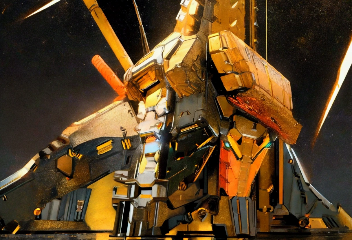 a huge powerful mecha robot,standing tall in the vast empty space,surrounded by countless stars,dramatic lighting,cinematic composition,highly detailed,intricate mechanical design,glowing energy core,hyper realistic,digital art,sci-fi,epic,dramatic,masterpiece