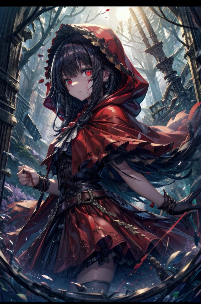 (Highest quality,4K,High resolution,masterpiece:1.2),Super detailed,Realistic:1.37,Portraiture,Dark fantasy,Red color scheme,Soft lighting,Emotional,Enchanted Forest,Ominous atmosphere,Eye-catching,Storytelling,anatomy,Anime Style,Concept Art,Beautiful detailed face and (((Red eyes ))),Flowing Hair,emotional expression,Jewelry made with attention to detail,A cape with an intricate pattern,Strong gaze,Cape with feather detailing,Subtle Shadows,Dynamic pose,A magnificent composition,Mysterious Background,Natural elements,Moonlit Night,wood々The wind blowing between,Eerie presence,Revealing character strengths and weaknesses,A striking contrast between the red cape and its surroundings,Fascinating story,Rich texture,Depth and Dimension,Highlight the charm and resilience of your characters. (((Little Red Riding Hood))), (Blood splatter:1.3)