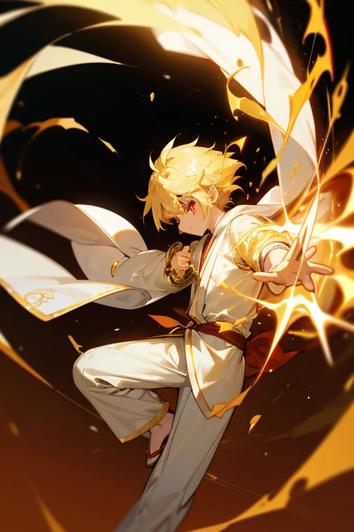 A beautiful 7-year-old boy with blond hair, red eyes and golden energy. He wears a white robe with gold trim. Speedy Drop kick