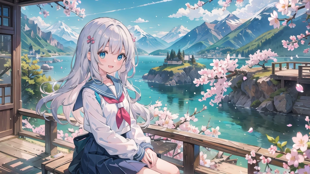 (masterpiece), scenery, Mountain Horizon, cherry blossoms, petal, Particles of light, Upper Body, One girl, Sailor, Wavy Hair, Floating Hair, smile, Sitting, Open your mouth, Particles of light, Silver Hair, Aqua Eye, View your viewers, Face Focus