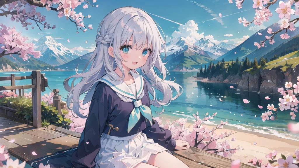 (masterpiece), scenery, Mountain Horizon, cherry blossoms, petal, Particles of light, Upper Body, One girl, Sailor, Wavy Hair, Floating Hair, smile, Sitting, Open your mouth, Particles of light, Silver Hair, Aqua Eye, View your viewers, Face Focus